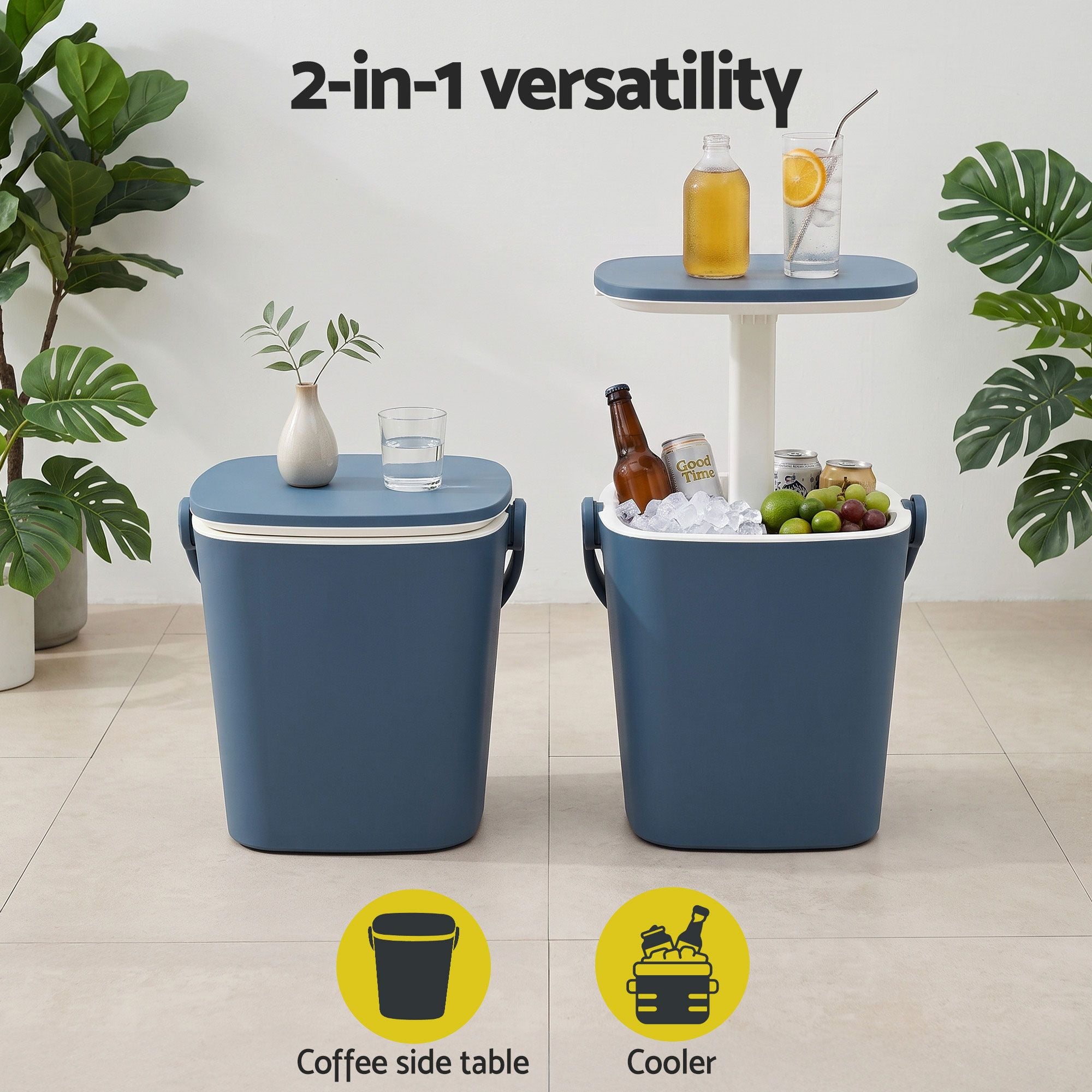2-in-1 Portable Outdoor Bar Table with 15L Ice Bucket Cooler and Tongs - Blue