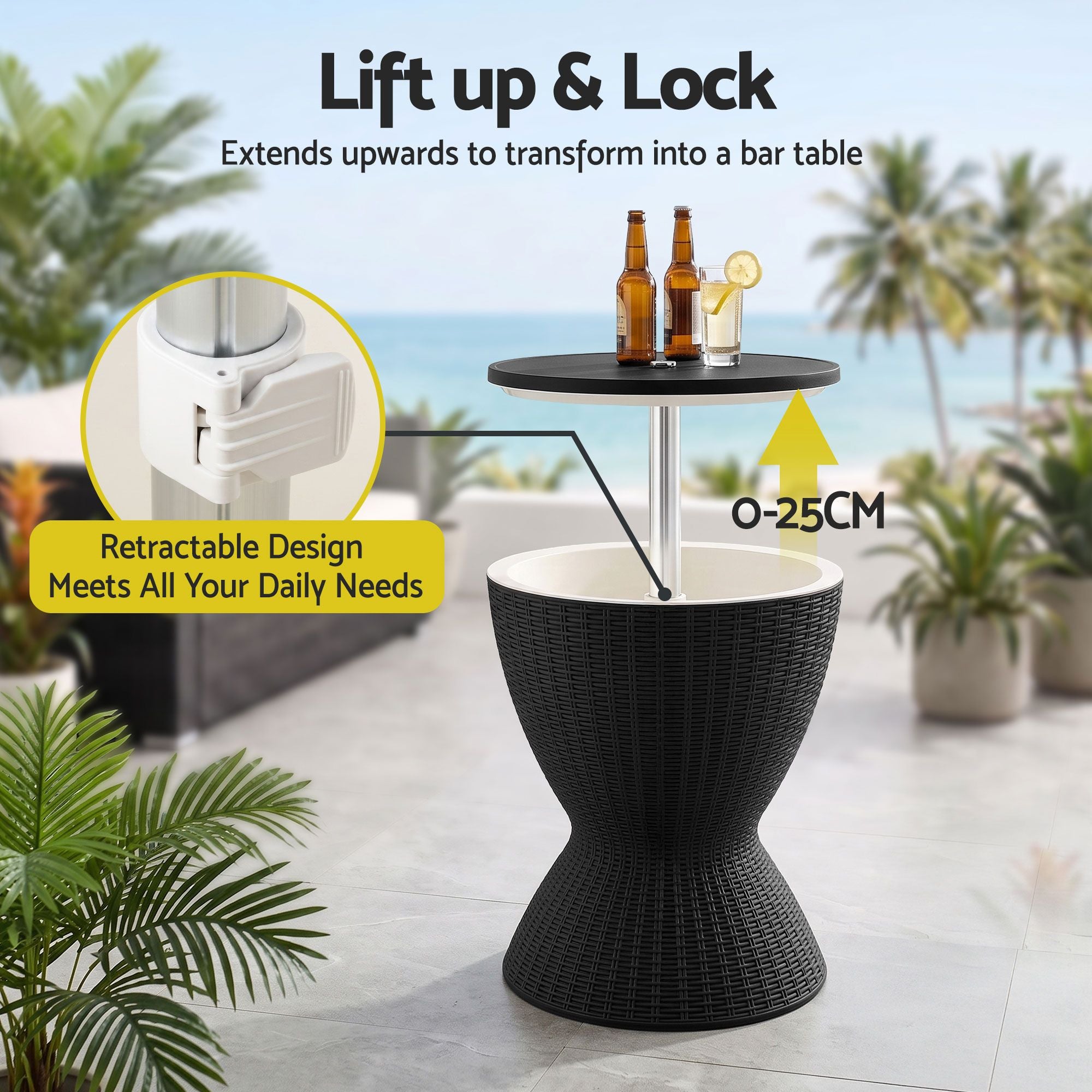 Portable Outdoor Bar Table with 30L Ice Bucket Cooler and Adjustable Top - Black