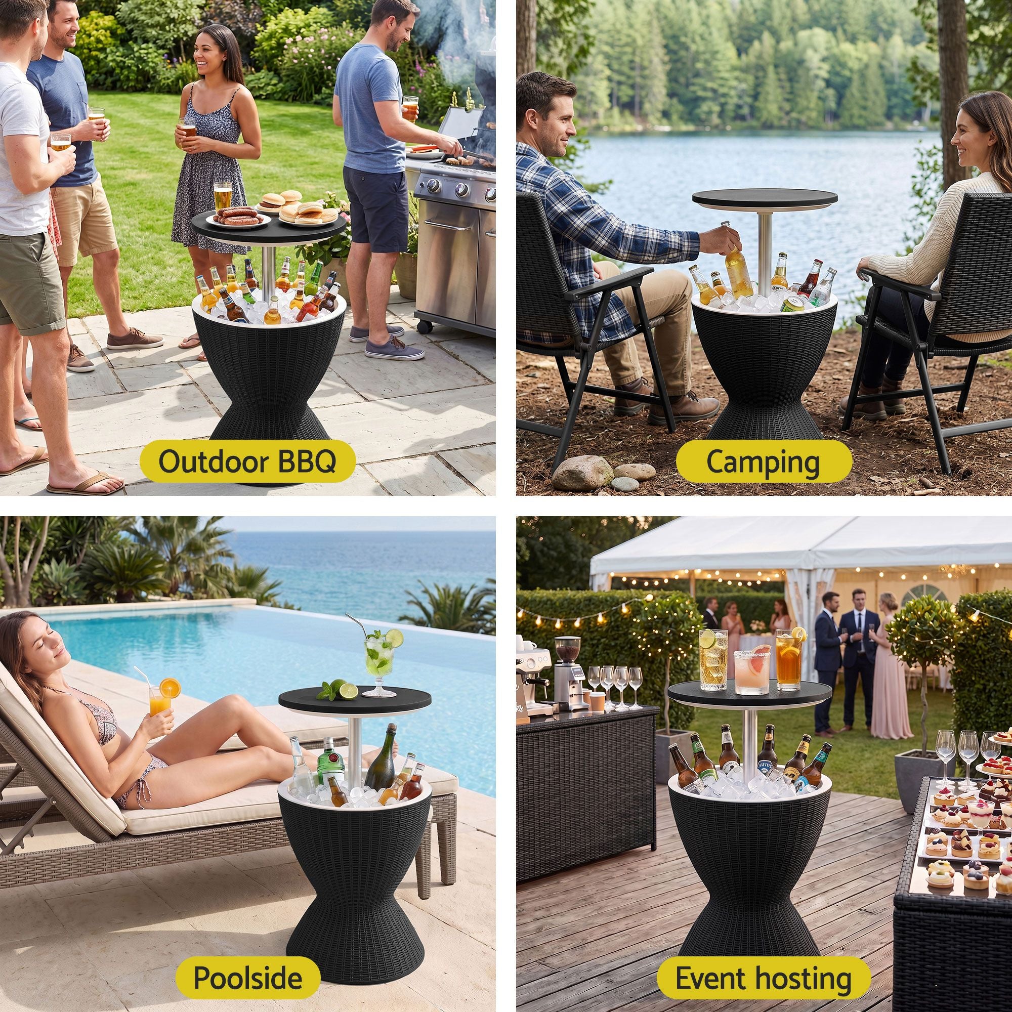 Portable Outdoor Bar Table with 30L Ice Bucket Cooler and Adjustable Top - Black