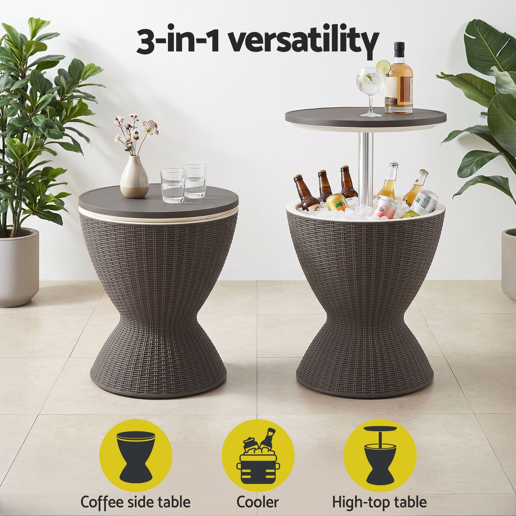 Portable Outdoor Bar Table with 30L Ice Bucket Cooler and Adjustable Top - Brown