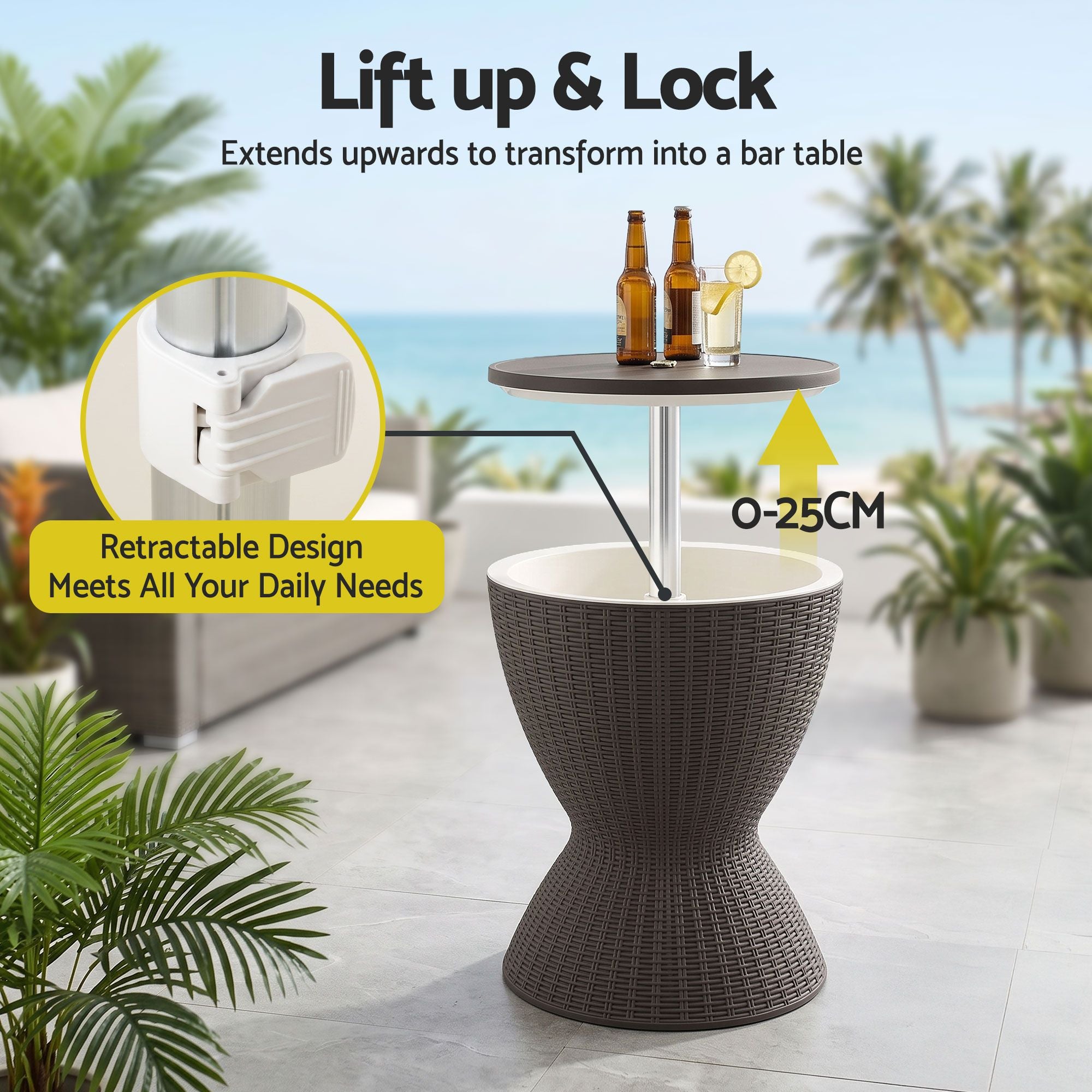 Portable Outdoor Bar Table with 30L Ice Bucket Cooler and Adjustable Top - Brown