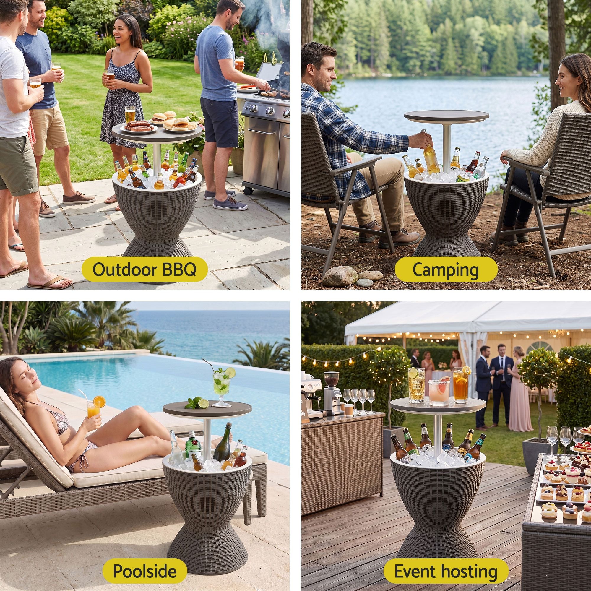 Portable Outdoor Bar Table with 30L Ice Bucket Cooler and Adjustable Top - Brown