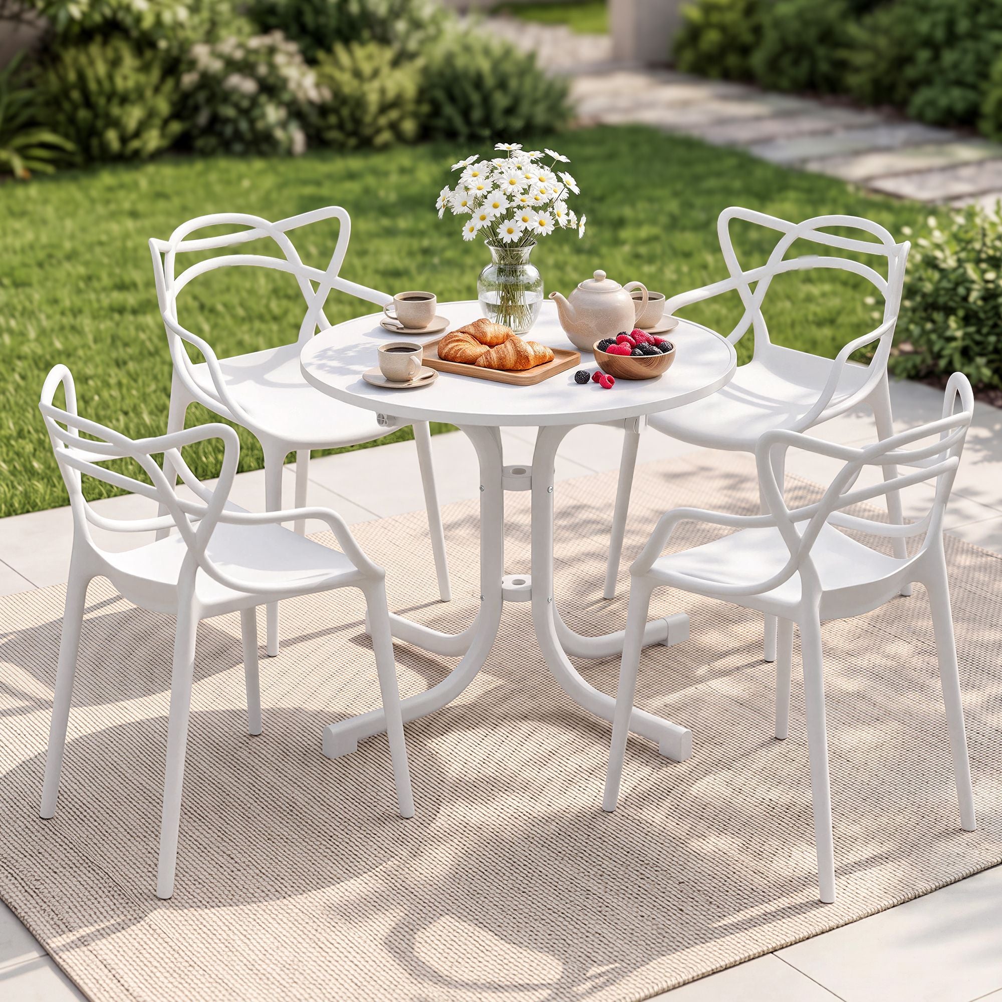 5PCS Outdoor Dining Set Table and Chairs Garden Patio Furniture Entwine White