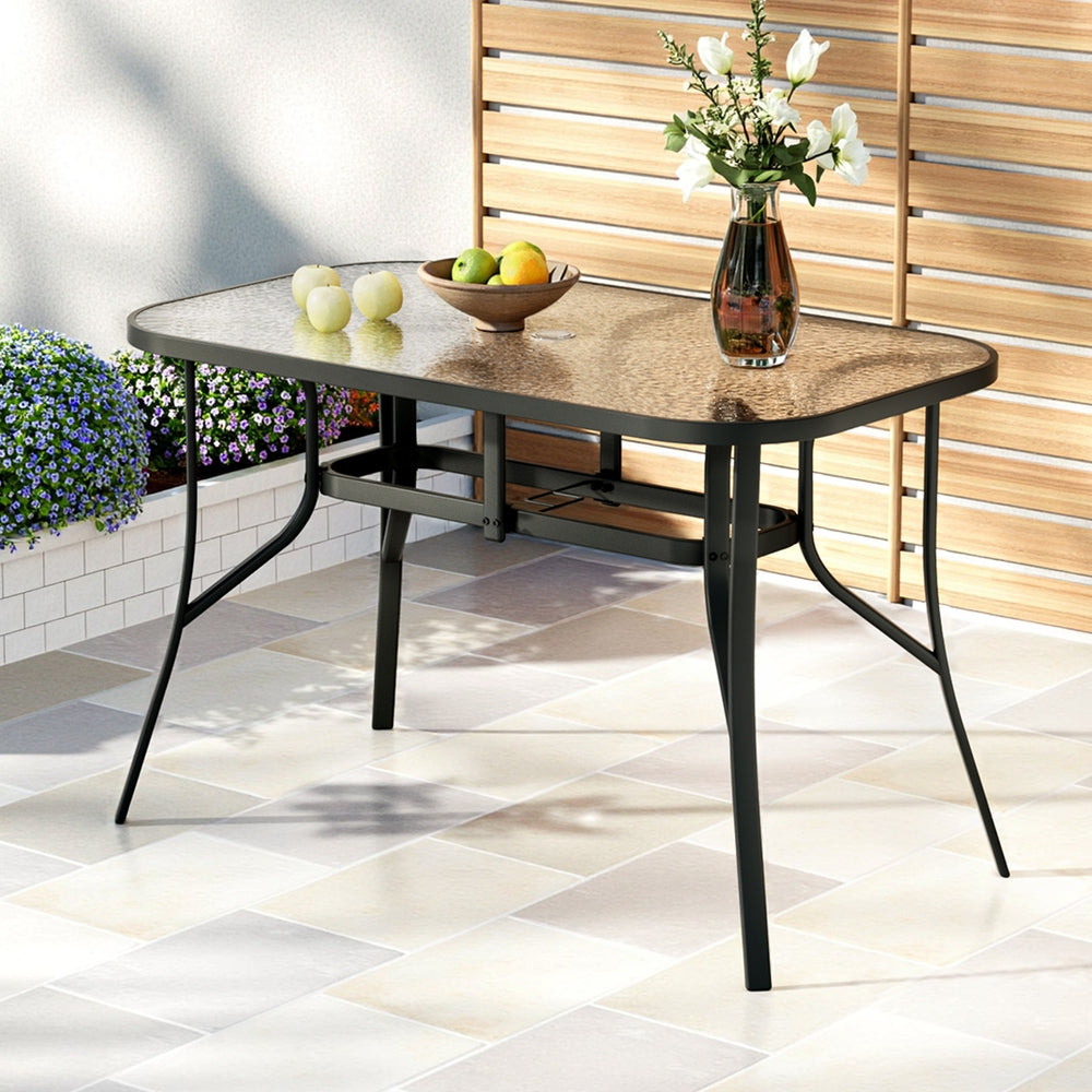 120cm Outdoor Dining Table With Glass Top and Parasol Hole – Black