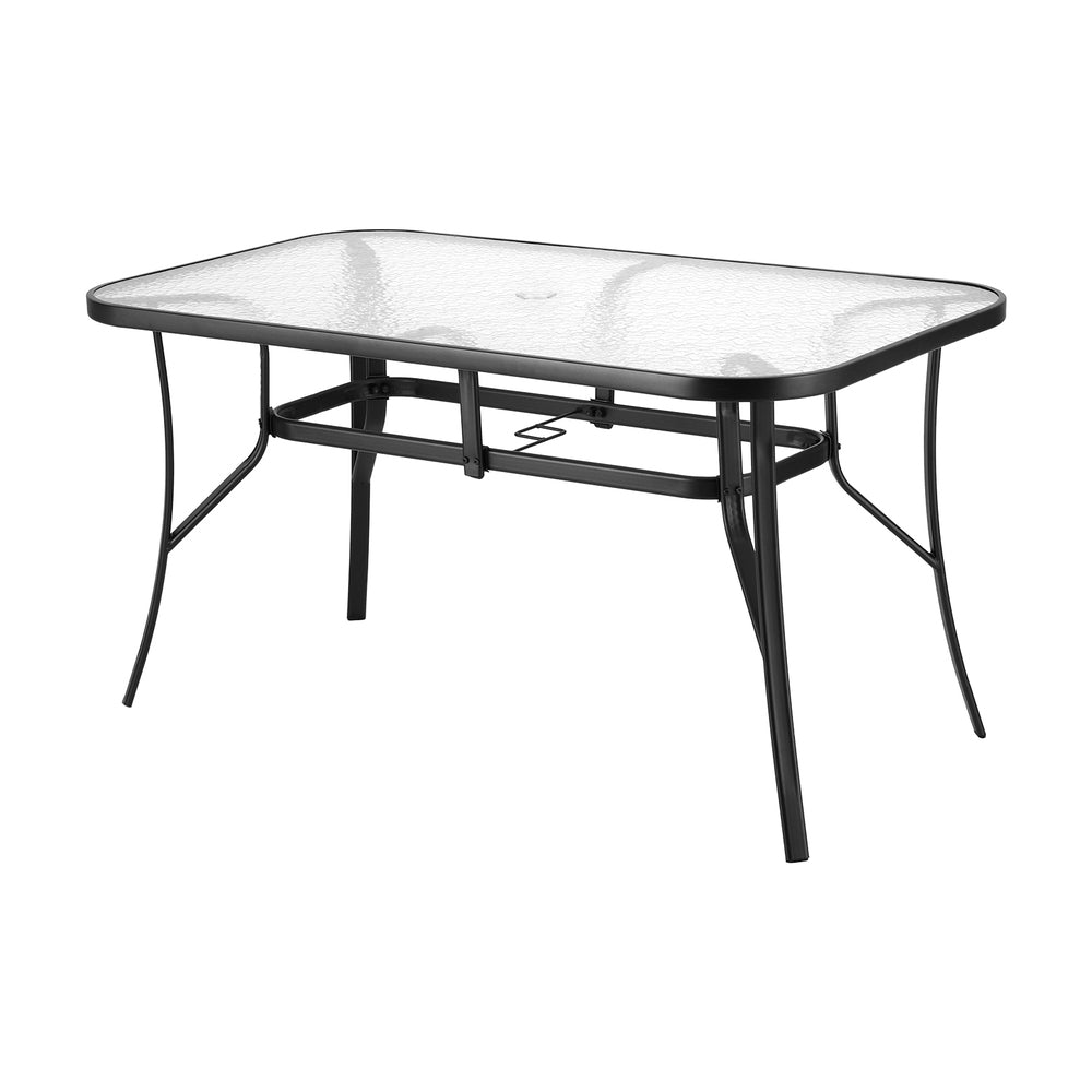 140cm Outdoor Dining Table With Glass Top and Parasol Hole – Black steel frame with textured glass surface and central parasol hole