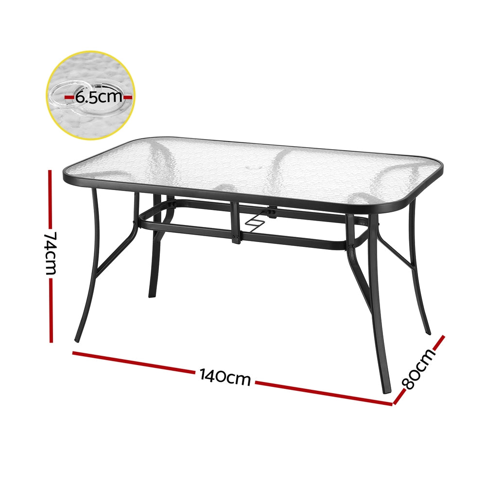 140cm Outdoor Dining Table With Glass Top and Parasol Hole – Black, steel frame with textured glass surface and dimensions shown