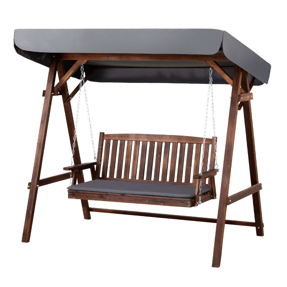 Wooden Swing Chair Garden Bench Canopy 3 Seater Outdoor Furniture with dark cushion and canopy on white background