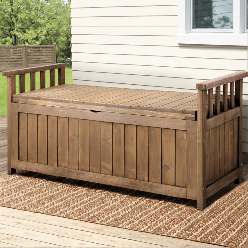 Outdoor Storage Bench Box Wooden Garden Toy Tool Sheds Patio Furniture Brown-8