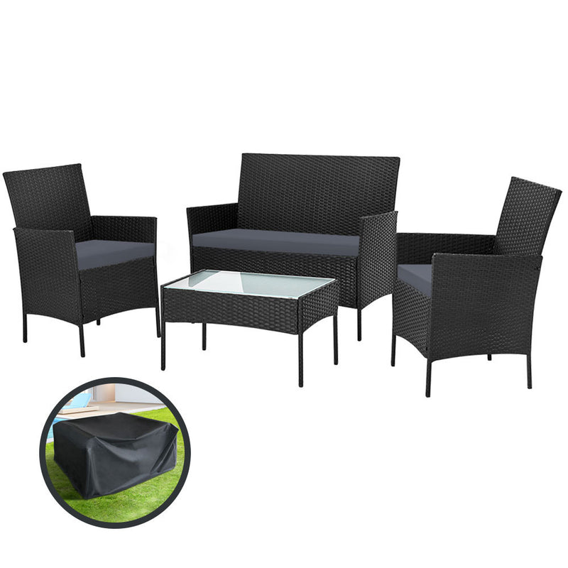 4 Seater Outdoor Sofa Set with Storage Cover Wicker Table Chair Black-7