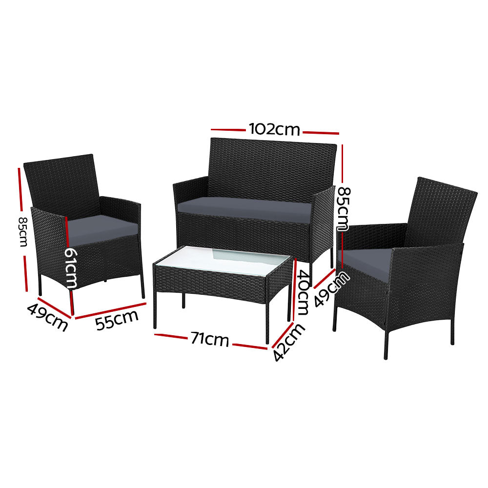4 Seater Outdoor Sofa Set with Storage Cover Wicker Table Chair Black-2