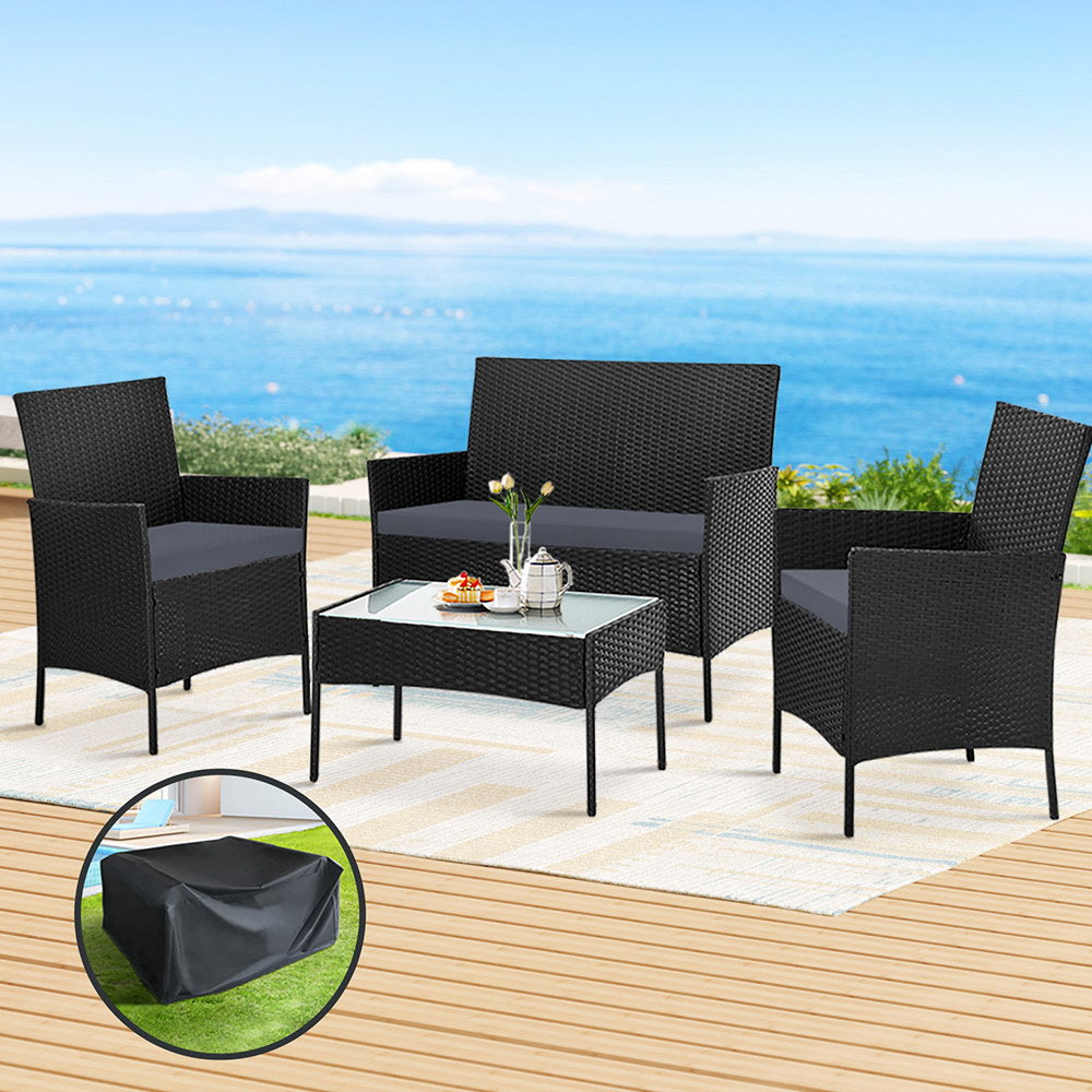 4 Seater Outdoor Sofa Set with Storage Cover Wicker Table Chair Black-1