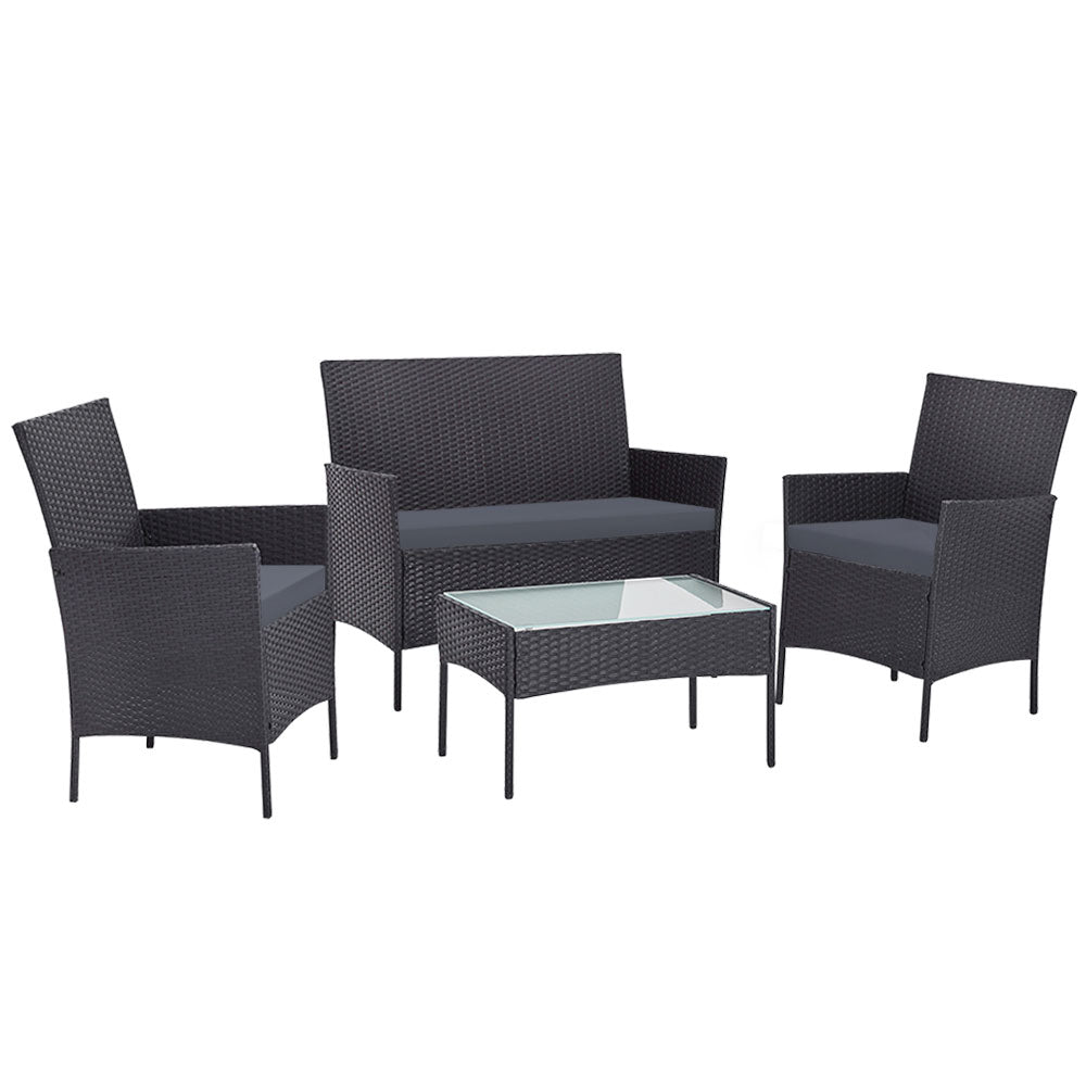 4 Seater Outdoor Sofa Set Wicker Setting Table Chair Furniture Dark Grey with cushions and glass-top table