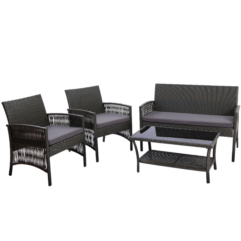 4PCS Outdoor Sofa Set Wicker Harp Chair Table Garden Furniture Grey with cushioned seats and glass-top coffee table