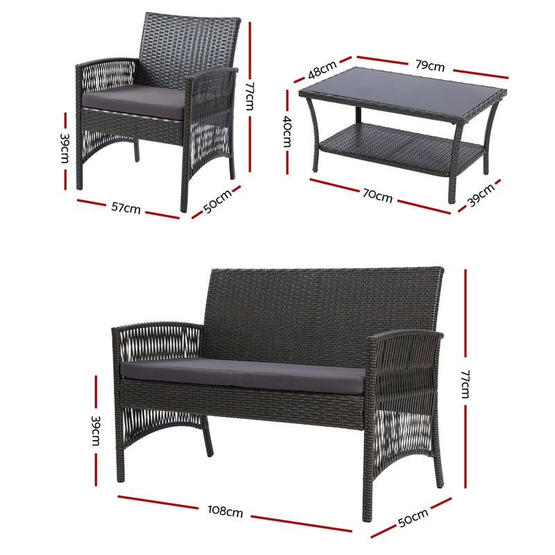4PCS Outdoor Sofa Set Wicker Harp Chair Table Garden Furniture Grey with cushioned seats and woven wicker design