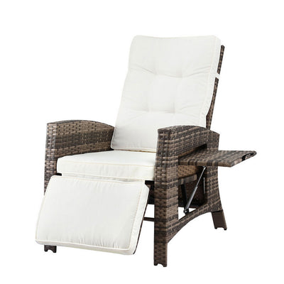 Outdoor Recliner Chairs Sun lounge Wicker Lounger Patio Furniture Adjustable Brown with white cushions and extendable footrest