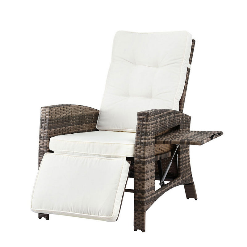 Outdoor Recliner Chairs Sun lounge Wicker Lounger Patio Furniture Adjustable Brown with white cushions and extendable footrest