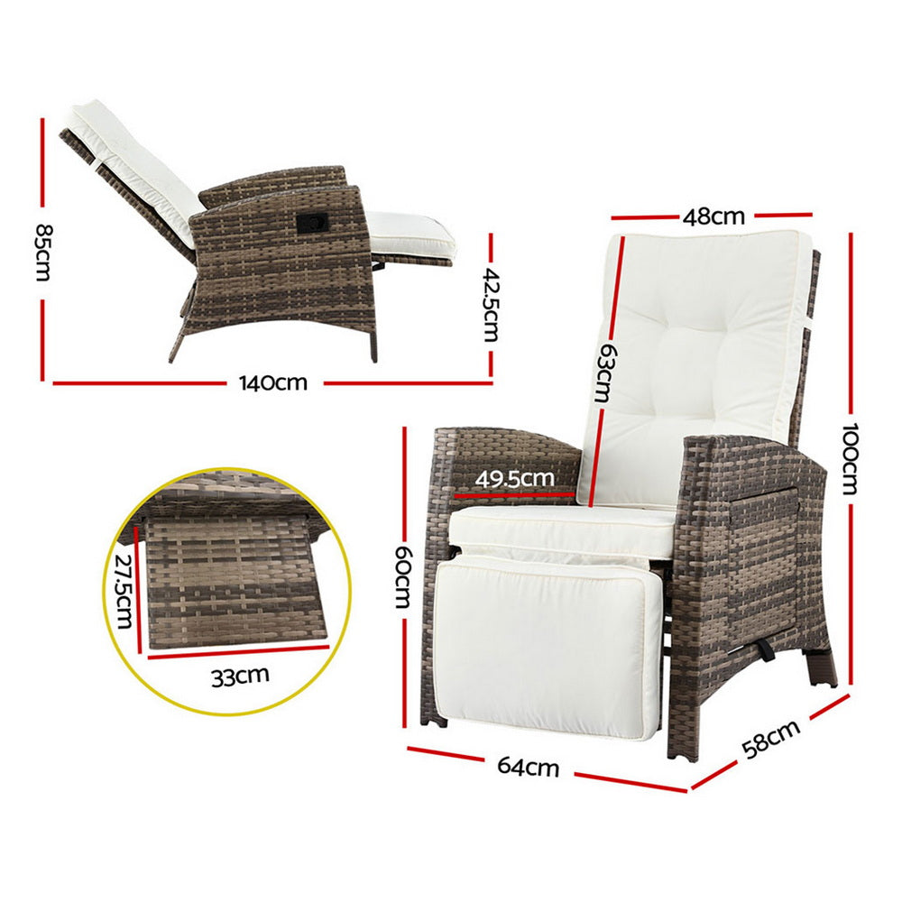 Outdoor Recliner Chairs Sun lounge Wicker Lounger Patio Furniture Adjustable Brown with white cushions and dimension labels