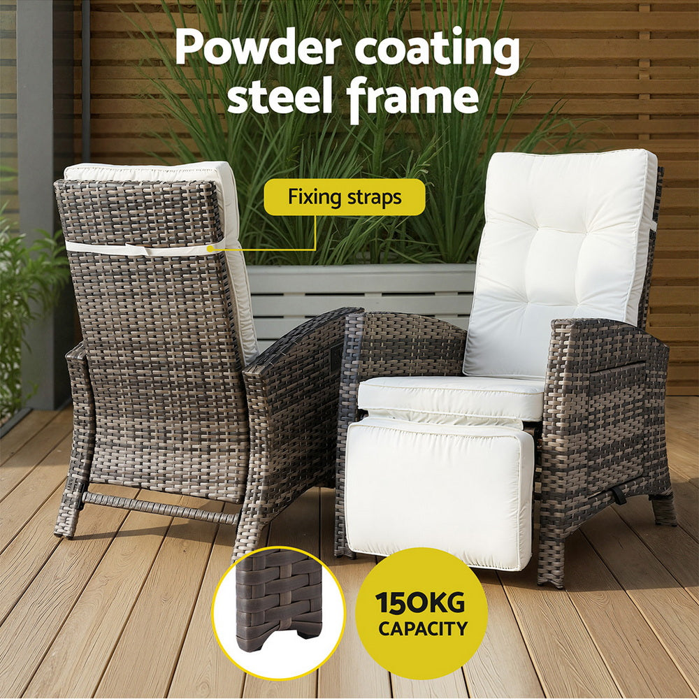 Outdoor Recliner Chairs Sun lounge Wicker Lounger Patio Furniture Adjustable Brown with white cushions and powder-coated steel frame