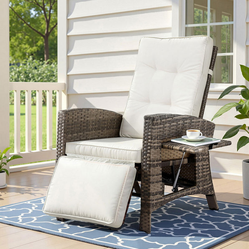 Outdoor Recliner Chairs Sun lounge Wicker Lounger Patio Furniture Adjustable Brown with white cushions on porch deck