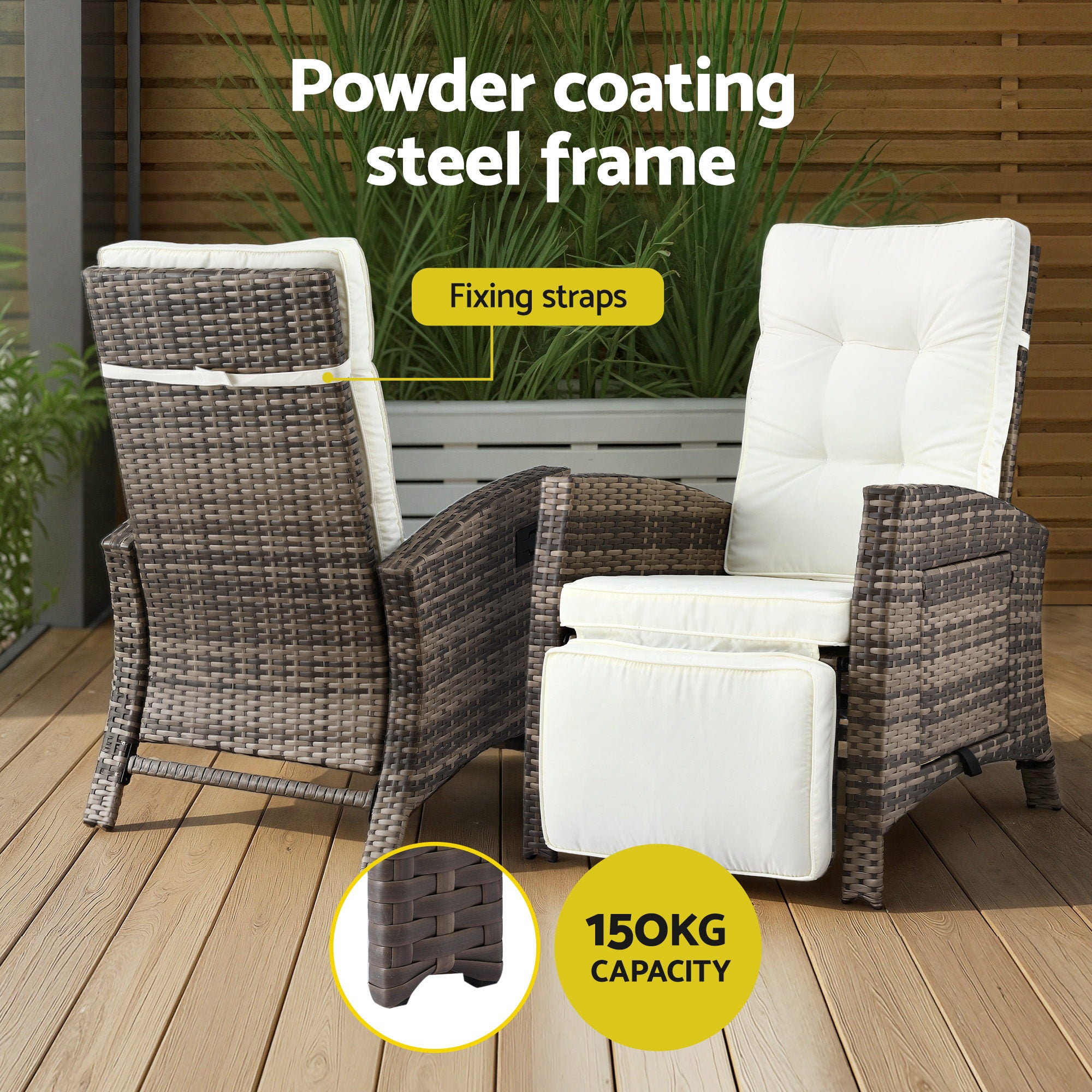 3PC Outdoor Bistro Set with Adjustable Recliner Chairs and Side Table - Brown