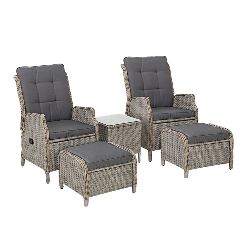 5PC Recliner Chairs Table Sun lounge Wicker Outdoor Furniture Adjustable Grey-1