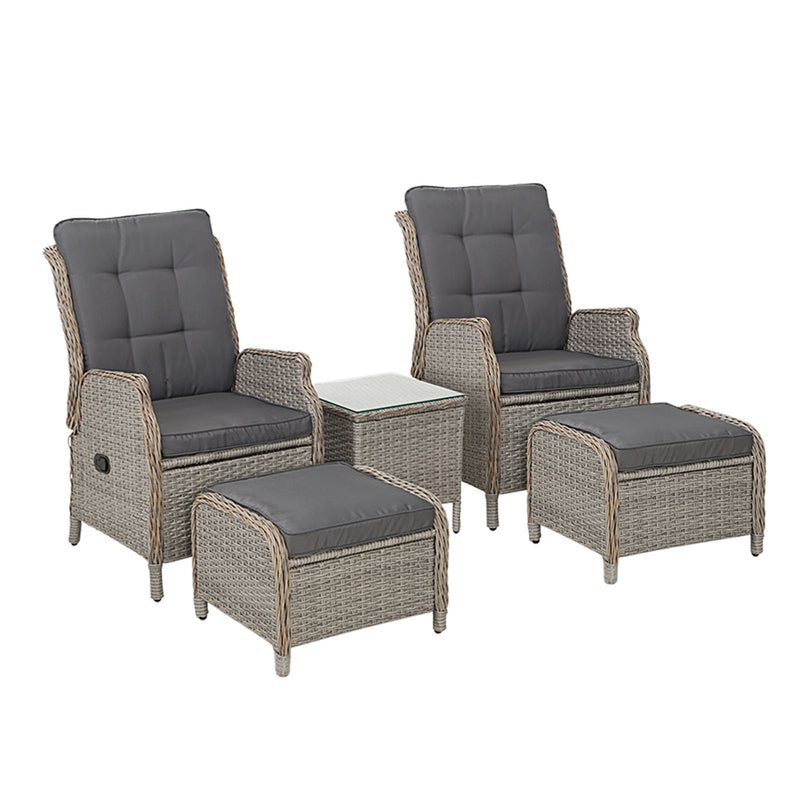 5PC Recliner Chairs Table Sun lounge Wicker Outdoor Furniture Adjustable Grey-1