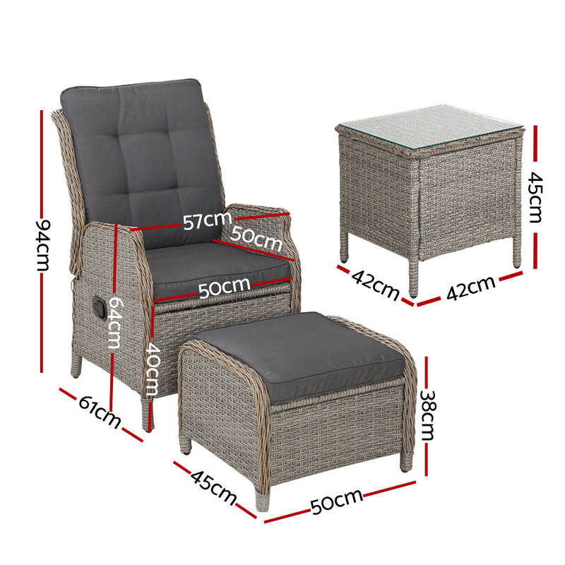 5PC Recliner Chairs Table Sun lounge Wicker Outdoor Furniture Adjustable Grey-2