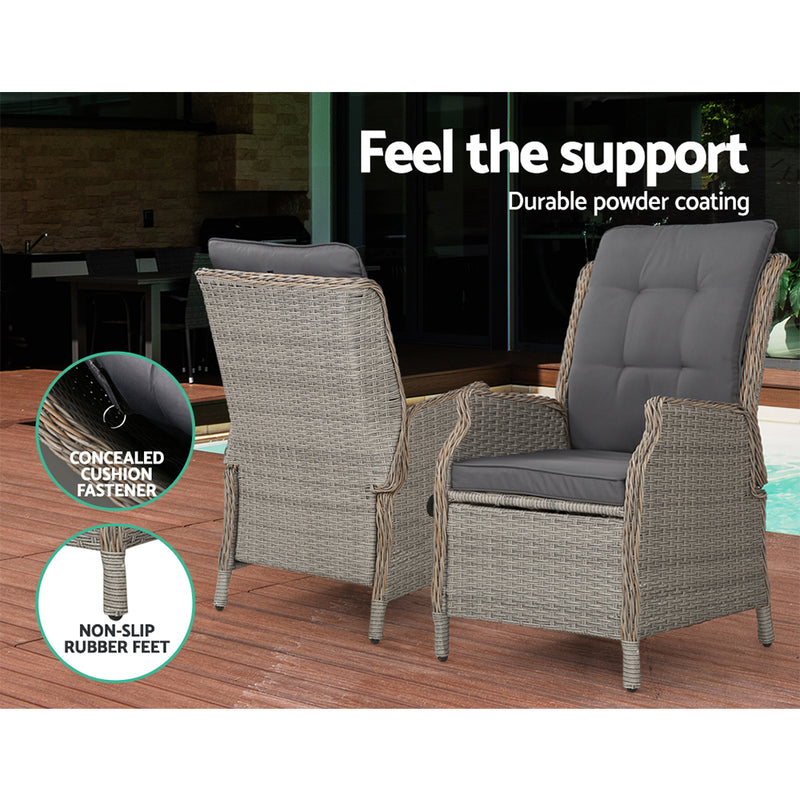 5PC Recliner Chairs Table Sun lounge Wicker Outdoor Furniture Adjustable Grey-9