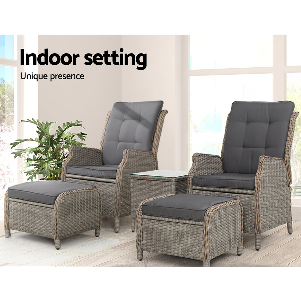 5PC Recliner Chairs Table Sun lounge Wicker Outdoor Furniture Adjustable Grey-11