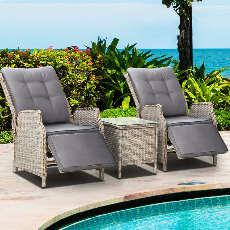 3PC Recliner Chairs Table Sun lounge Outdoor Furniture Wicker Adjustable Grey-8
