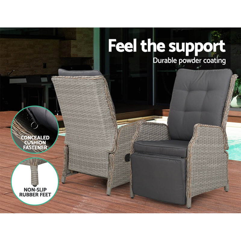 3PC Recliner Chairs Table Sun lounge Outdoor Furniture Wicker Adjustable Grey-10