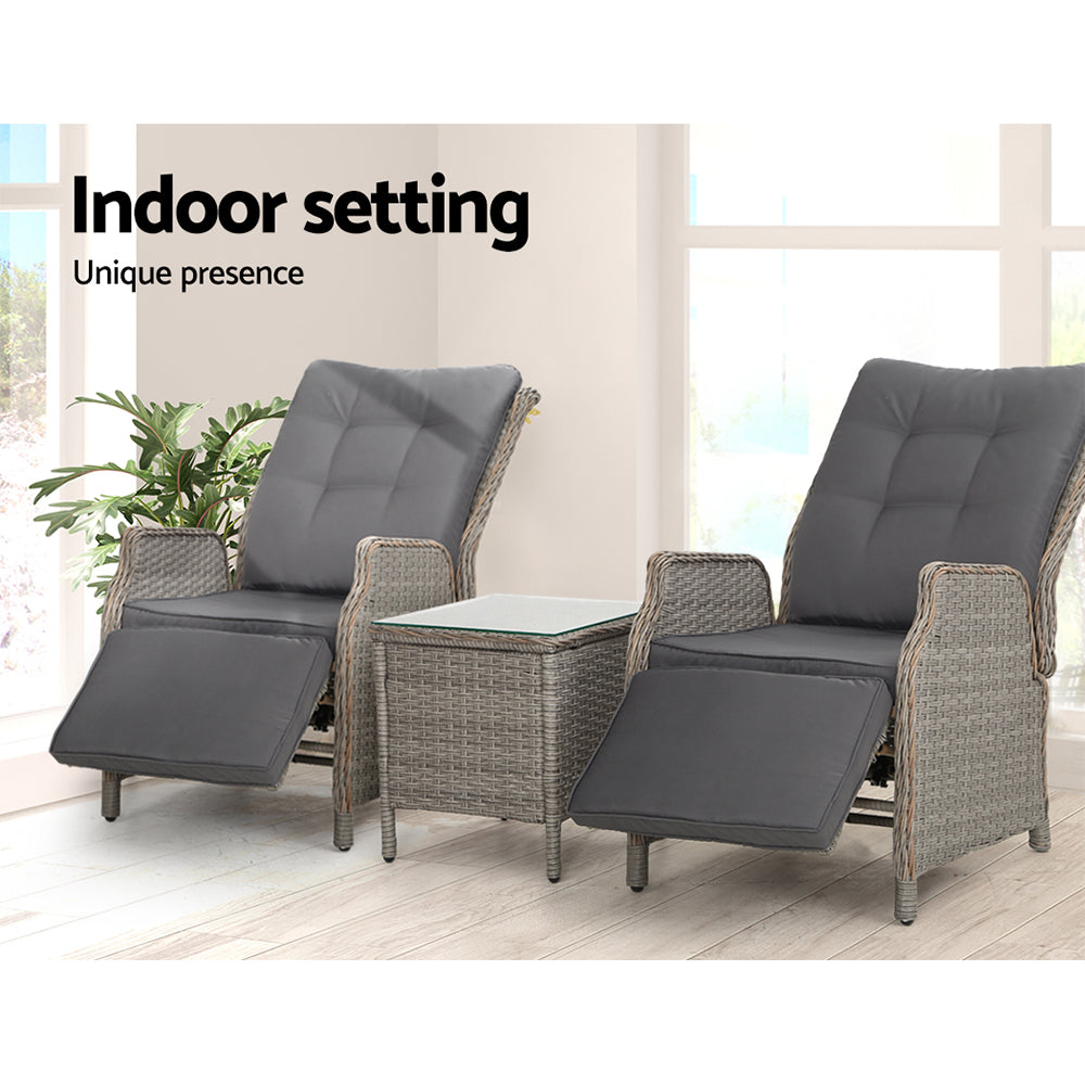 3PC Recliner Chairs Table Sun lounge Outdoor Furniture Wicker Adjustable Grey-12