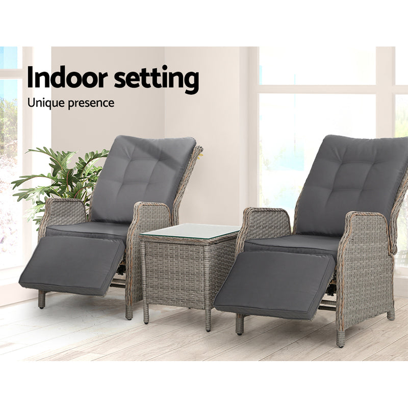 3PC Recliner Chairs Table Sun lounge Outdoor Furniture Wicker Adjustable Grey-12