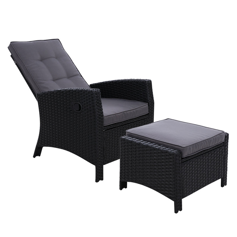 Elise Outdoor Recliner Chair with Ottoman Black featuring woven wicker frame and cushioned seat and ottoman for outdoor relaxation