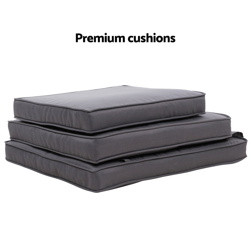 Premium black cushions for Elise Outdoor Recliner Chair with Ottoman Black, stacked and shown against a white background