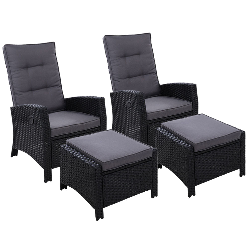 Set of 2 Elise Outdoor Recliner Chairs with Ottomans Black, black wicker frame with gray cushions and reclining feature.