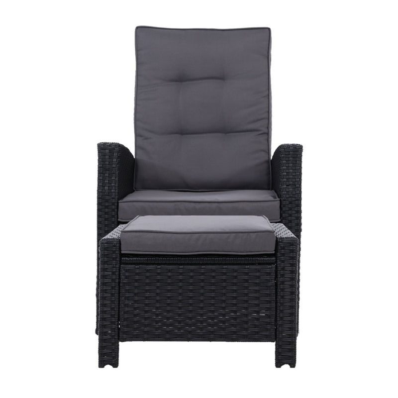 Set of 2 Elise Outdoor Recliner Chairs with Ottomans Black featuring black wicker frame and padded gray cushions on white background