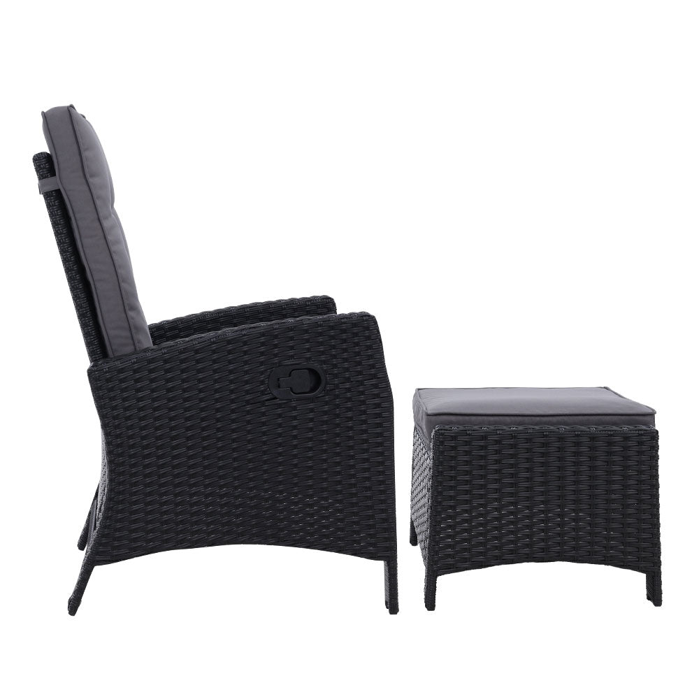 Set of 2 Elise Outdoor Recliner Chairs with Ottomans Black featuring woven wicker design and padded cushions in side view