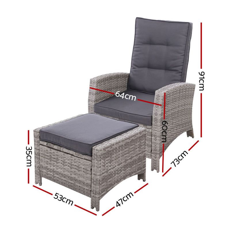 Elise Outdoor Recliner Chair with Ottoman Grey in wicker style with cushions and detailed size measurements on white background