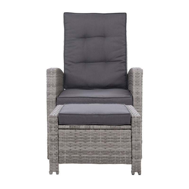 Set of 2 Elise Outdoor Recliner Chairs with Ottomans Grey, featuring grey cushions and woven wicker frame, isolated on white.
