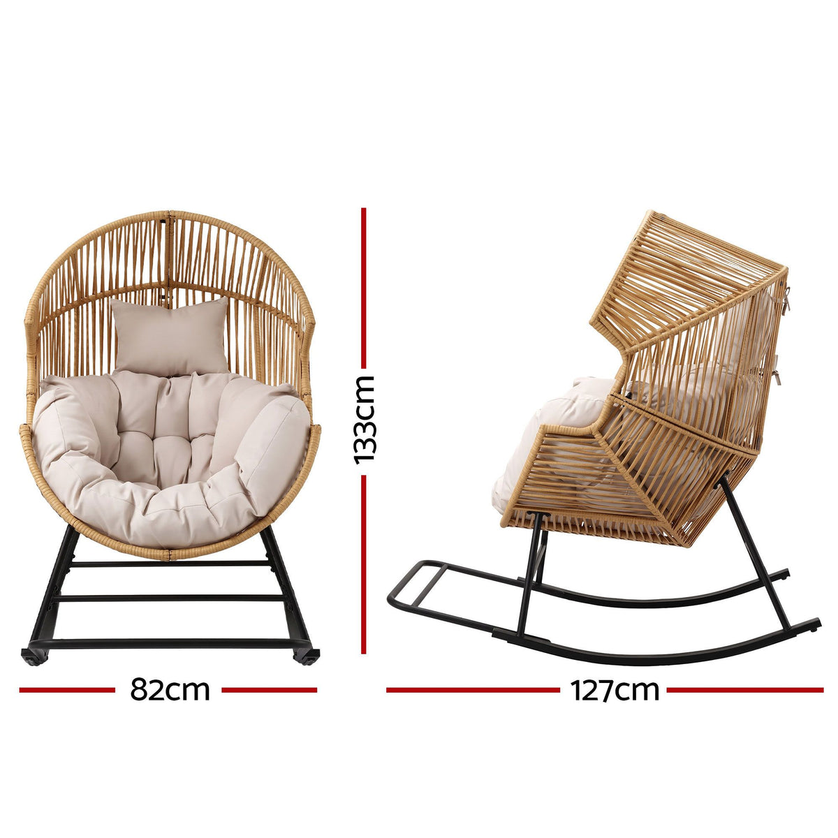 Outdoor Egg Rocking Chair Rattan Lounger with Thick Cushion Patio Furniture - Natural