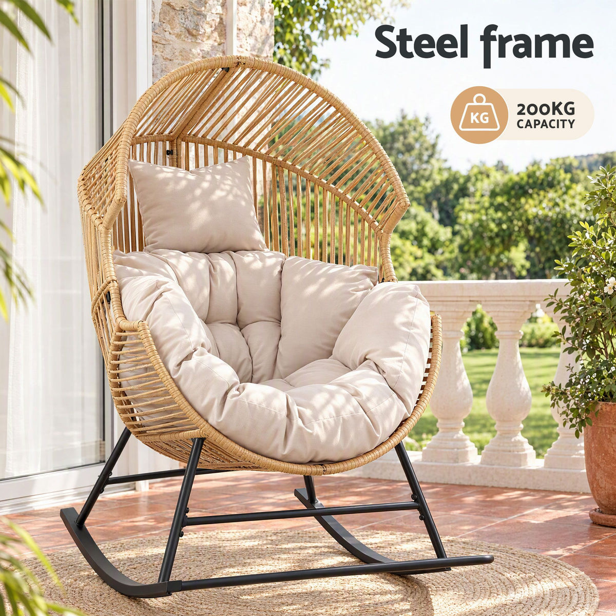 Outdoor Egg Rocking Chair Rattan Lounger with Thick Cushion Patio Furniture - Natural