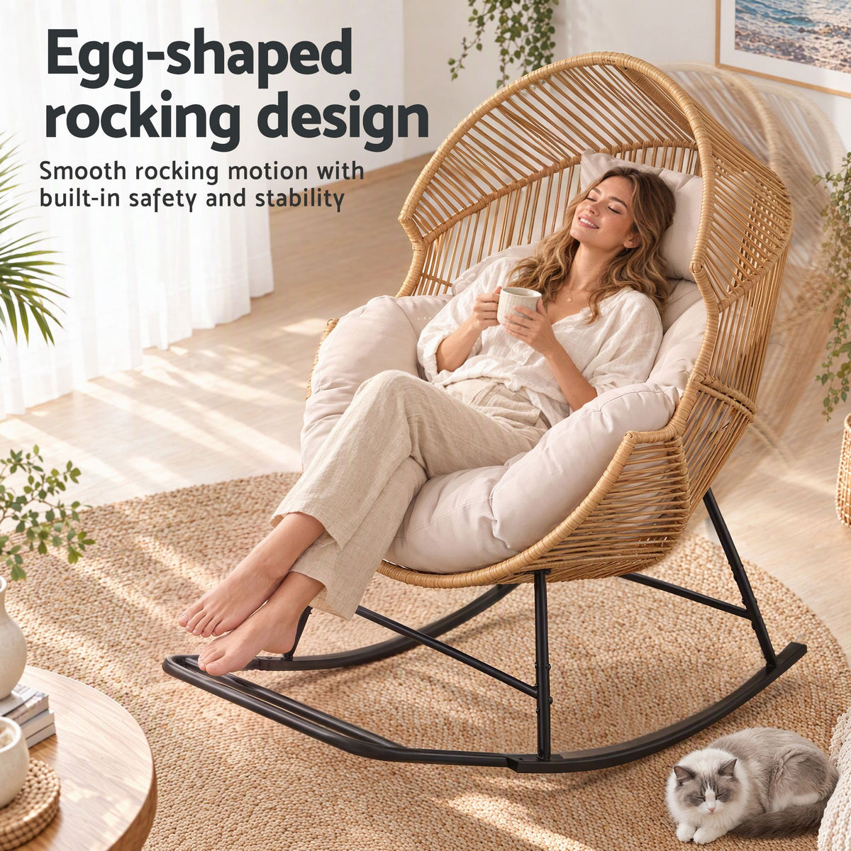 Outdoor Egg Rocking Chair Rattan Lounger with Thick Cushion Patio Furniture - Natural