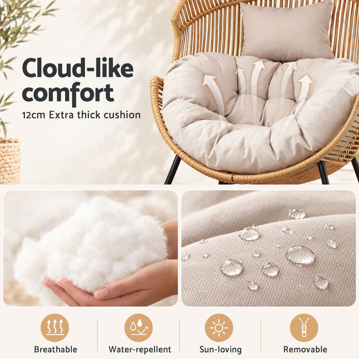 Outdoor Egg Rocking Chair Rattan Lounger with Thick Cushion Patio Furniture - Natural