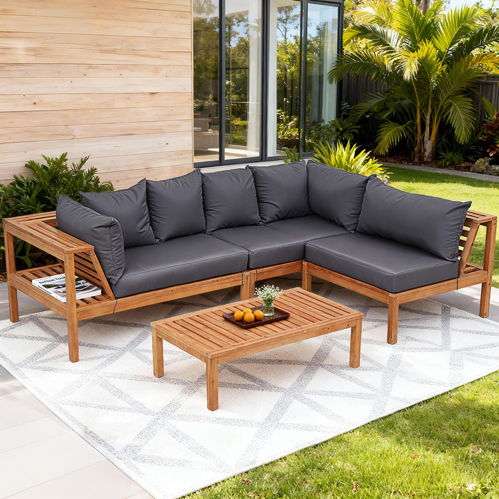4 Pieces Outdoor Sofa Set 5-Seater Wooden Bench with Built-in Side Table and dark cushions on outdoor rug in patio setting