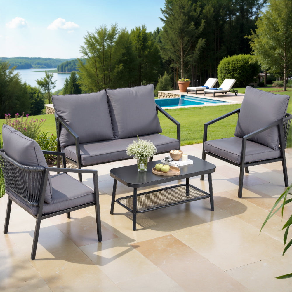 4-Piece Outdoor Sofa Set with Table - Black with Grey Cushions