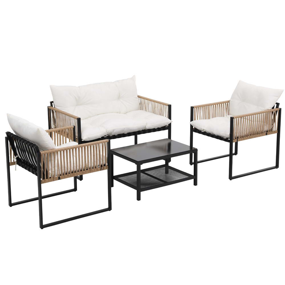 4-Piece Rattan Style Outdoor Sofa Set with Table - Black Frame & White Cushions, including two single sofas, one 2-seater, and table