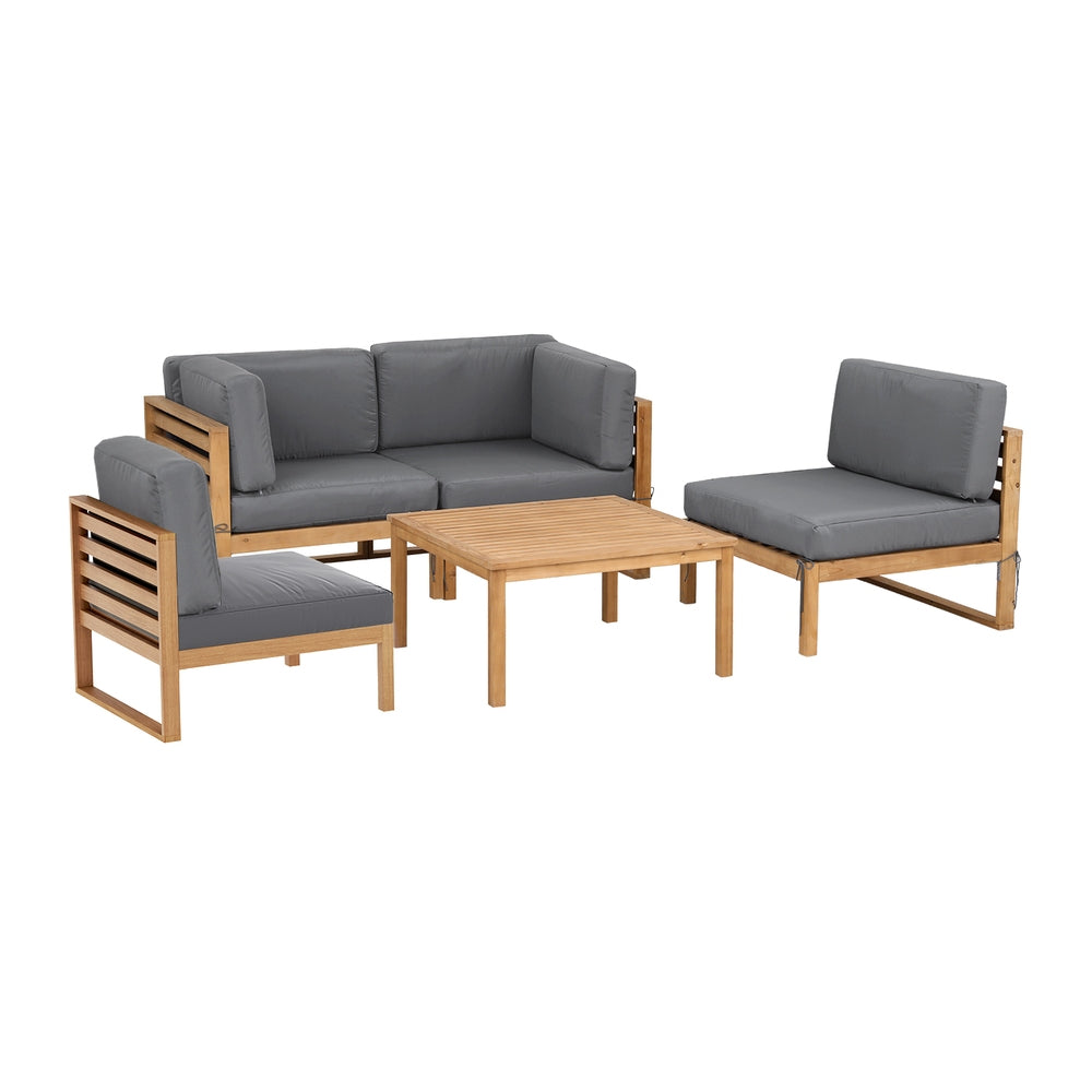 4-Piece Outdoor Sofa Set Wooden Couch Lounge Setting 5PCS with gray cushions and wooden coffee table on white background