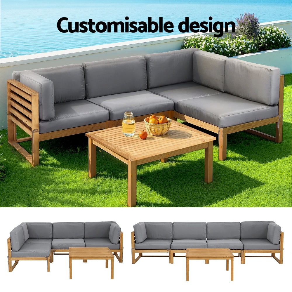 4-Piece Outdoor Sofa Set Wooden Couch Lounge Setting 5PCS with gray cushions and wooden coffee table on green lawn