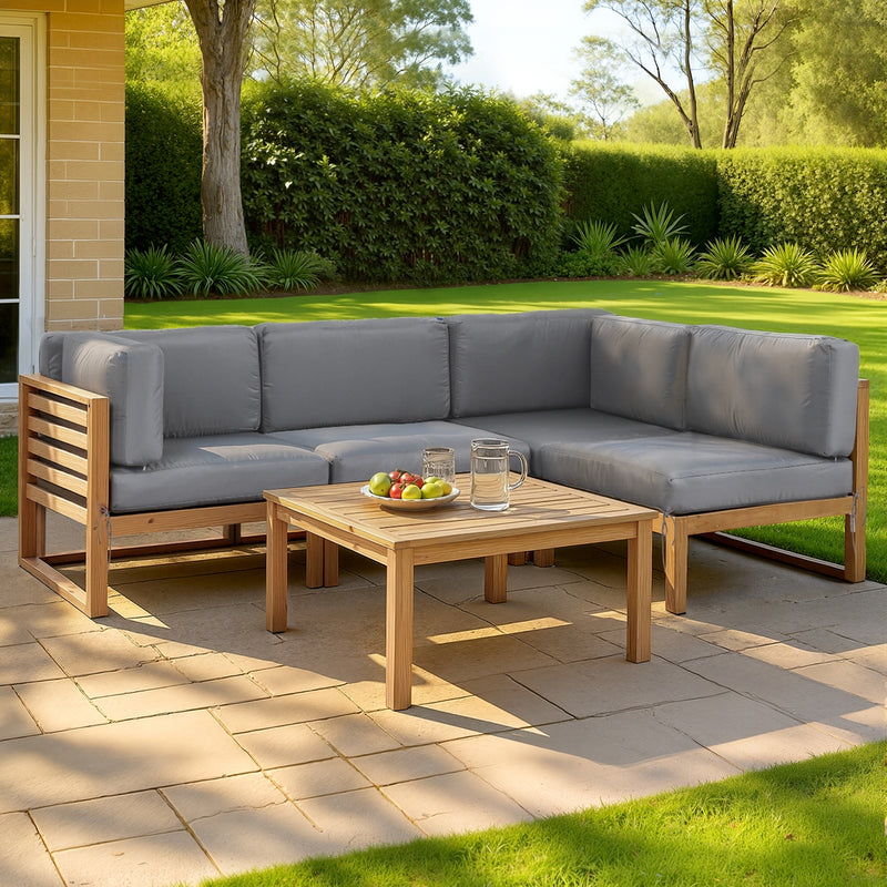 4-Piece Outdoor Sofa Set Wooden Couch Lounge Setting 5PCS with gray cushions and matching wooden coffee table on patio